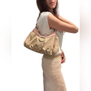 Gucci Pink and Tan Shoulder Bag with Gold Hardware